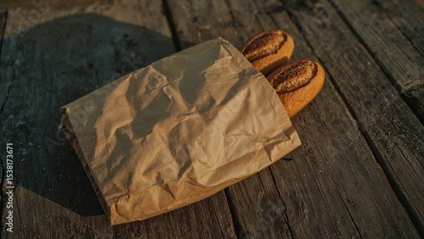 Fototapeta Baguettes in paper bag on wood