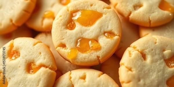 Fototapeta Close-up of delicate candied citrus shortbread cookies, showcasing texture and vibrant color,   christmas baking,   texture