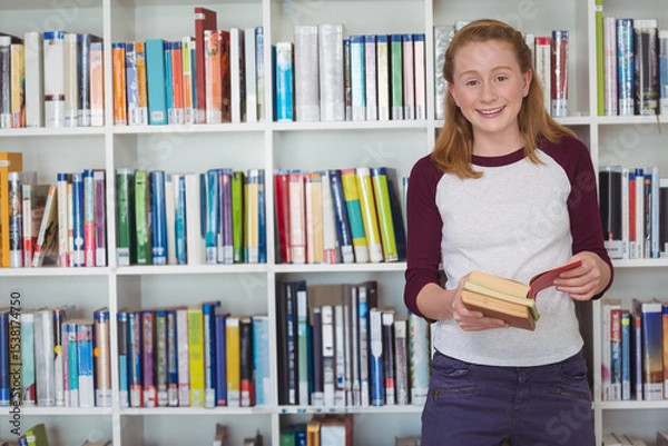 Fototapeta Female child reading open book while standing by library bookshelf with hardcover books, copy space