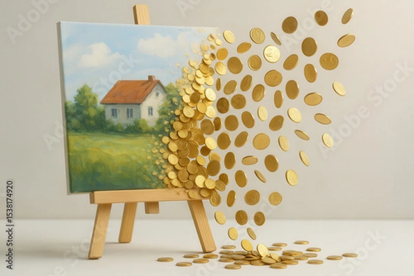 Fototapeta Oil painting of a house on canvas transforming into falling gold coins. Concept of art investment, monetization of creativity, and capital growth through collectible assets