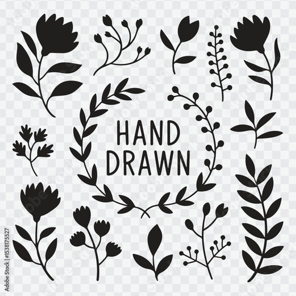 Fototapeta Hand drawn floral ornaments. Decorative flower, leaf and branch for wedding invitation design. Nature elements vector 