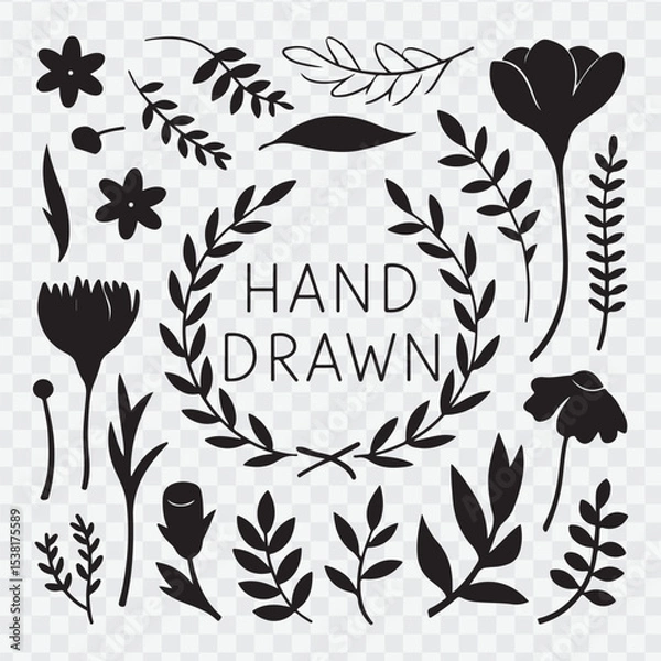 Fototapeta Hand drawn floral ornaments. Decorative flower, leaf and branch for wedding invitation design. Nature elements vector 