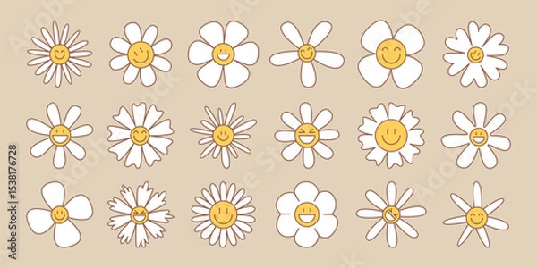Fototapeta Retro daisy flower set in groovy style - white blooms with various petal shapes on beige background. Vintage botanical collection for hippie designs, 70s graphics or nostalgic decorative elements.