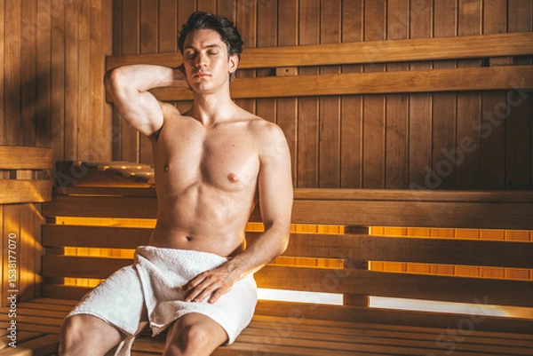 Fototapeta Young handsome man relaxing at camera relaxing at the spa resort - Health care and luxury activities life style concept