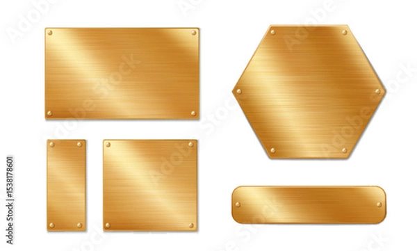 Fototapeta Polished gold metal plates with screw details - luxury tag collection in various shapes for premium branding, award plaques and elegant signage with brushed golden texture on white background.