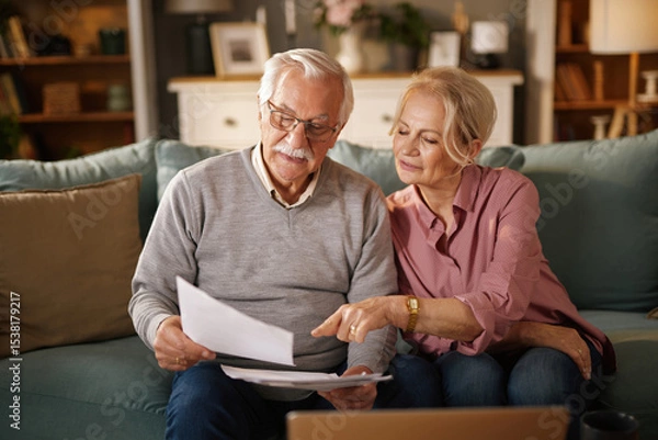 Fototapeta An elderly couple, sitting on a sofa, reviews paperwork and a laptop. The man holds the documents while the woman points at one. They appear to be planning their financial future together at home.