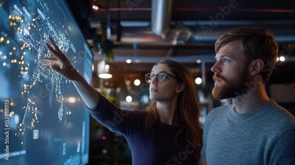 Obraz Business professionals analyzing data on large screen collaborative teamwork