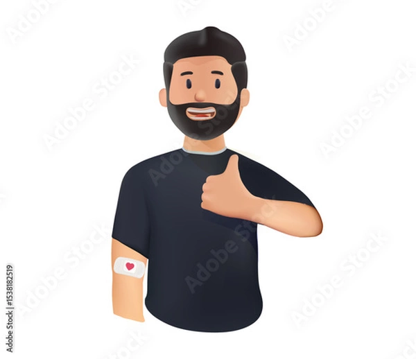Fototapeta Blood donor man with bandage and red heart on arm isolated on background, blood donation concept with copy space. blood cells, donate plasma, world blood donor day, health care, transfusion, vector