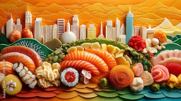 Obraz A colorful, artistic food arrangement depicting a city skyline, crafted from various types of sushi and other treats.