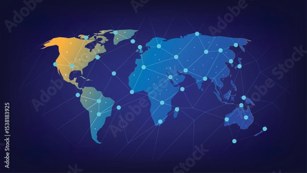 Obraz Global Network Connection Abstract World Map with Interlinked Nodes