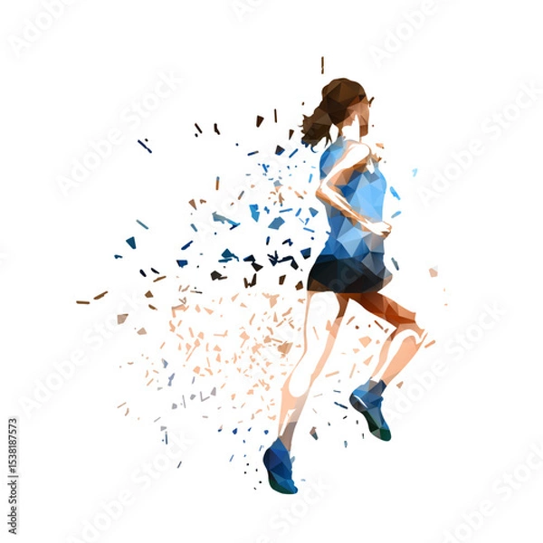 Fototapeta Run, marathon, running woman. Isolated low poly vector illustration of female runner with dispersion effect