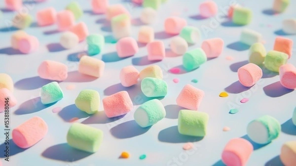 Fototapeta A cheerful assortment of pastel-colored marshmallows scattered across a smooth, pale blue and white surface. The marshmallows come in soft hues of pink, green, yellow, and white.
