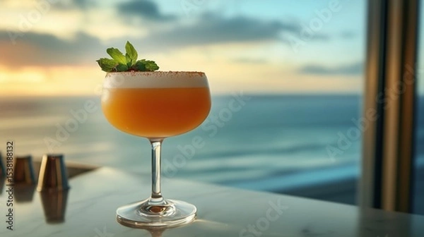 Fototapeta A vibrant orange cocktail served in a stemmed glass with a thick egg foam layer on top, a fresh mint sprig and a dusting of spice along the rim.