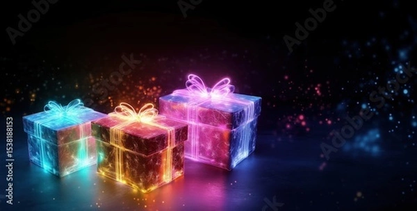Fototapeta Three glowing neon gift boxes sit on a dark reflective surface against a black background filled with colorful, sparkling particles. Each box is wrapped in a glowing ribbon and bow.