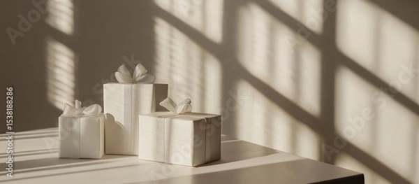 Fototapeta Three gift boxes white wrapped in textured paper with matching sheer white ribbon bows are placed on a light surface in soft natural sunlight.