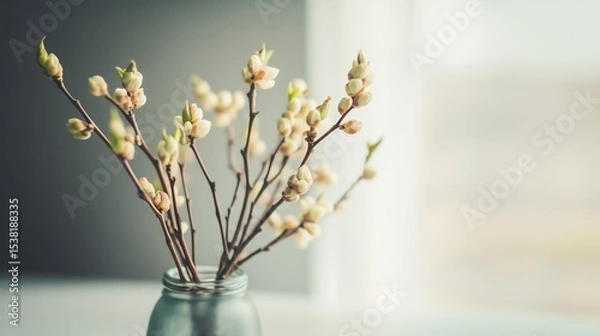 Fototapeta A minimalist arrangement of budding tree branches is placed in a matte glass vase on a white table. The background is softly blurred, blending shades of grey and white.