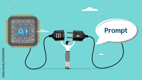 Fototapeta connecting prompts with AI chips to help get the job done, AI in companies to increase efficiency, businesswoman connect speech babble with AI chip idea to money concept vector illustration