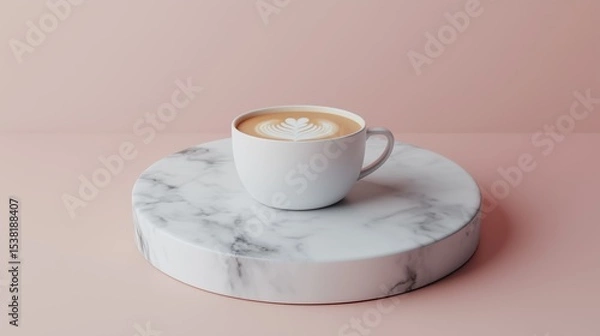 Fototapeta A clean, minimalistic composition featuring a white ceramic cup of coffee with latte art on its surface. The cup is placed on a round, polished white marble podium. The background is a pastel pink.