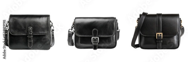 Fototapeta Set of black leather shoulder bag isolated on a transparent background
