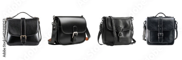 Fototapeta Set of black color leather shoulder bag isolated on a transparent background