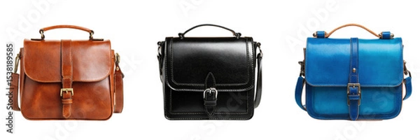 Fototapeta Set of black, brown and blue color leather shoulder bag isolated on a transparent background
