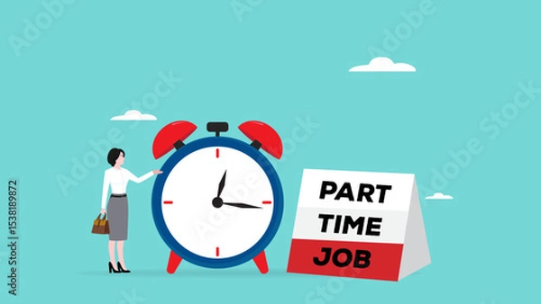 Fototapeta part time job design illustration, part-time online job opportunity, business woman standing while offering part time jobs with clock and banner
