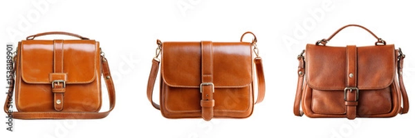 Fototapeta Set of brown color leather shoulder bag for woman isolated on a transparent background