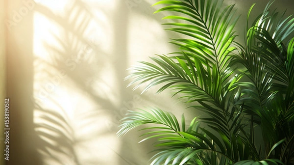 Obraz The bright green leaves of the palm plant occupy the right side of the frame, and their graceful shadows fall on the wall, bathed in morning light.