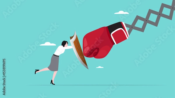 Fototapeta Business threat or problem, challenge or survive to win, survive and struggle to face business competition, defensive business woman using shield to face boxing glove with spring