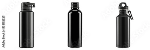 Fototapeta Set of different type black colour stainless steel bottle isolated on a transparent background