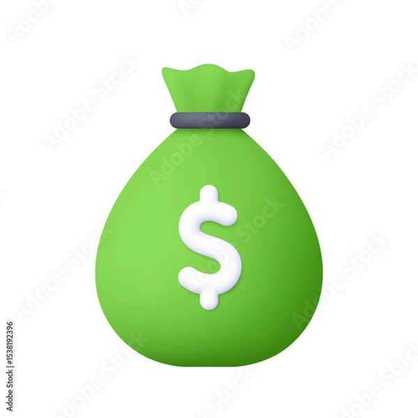Obraz Green money bag with white dollar symbol. Business, finance, banking, savings, transactions and investment concept. 3d vector icon. Cartoon minimal style.