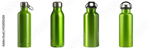 Fototapeta Set of different type green colour stainless steel bottle isolated on a transparent background