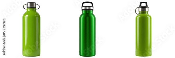 Fototapeta Set of different type green colour stainless steel bottle isolated on a transparent background