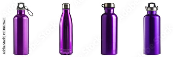 Fototapeta Set of different type purple colour stainless steel bottle isolated on a transparent background