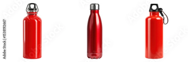 Fototapeta Set of different type red colour stainless steel bottle isolated on a transparent background