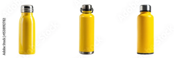 Fototapeta Set of different type yellow colour stainless steel bottle isolated on a transparent background