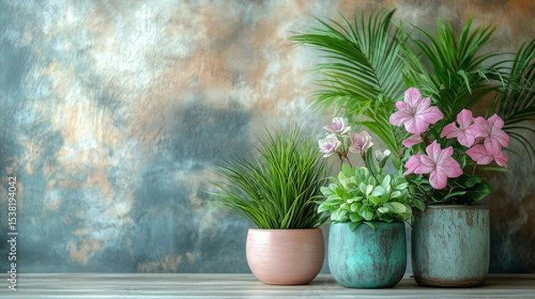 Obraz Composition of three pots with indoor plants and flowers against a textured wall.