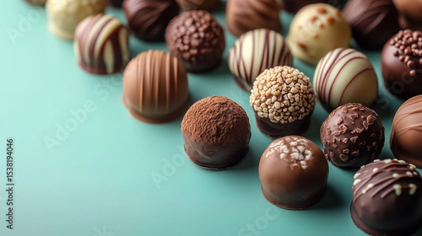 Obraz Group of assorted chocolate truffles framed by a mint background. Combination of dark, milk and white chocolate with original textures