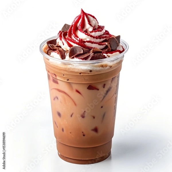 Obraz Iced coffee in plastic cup with festive whipped cream topping, chocolate chips, and colorful syrup on white background