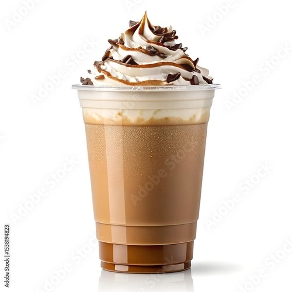 Obraz Iced coffee in plastic cup with festive whipped cream topping, chocolate chips, and colorful syrup on white background