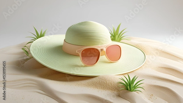 Obraz Realistic illustration of a sun hat and sunglasses on a sandy beach, Pastel tones,3D