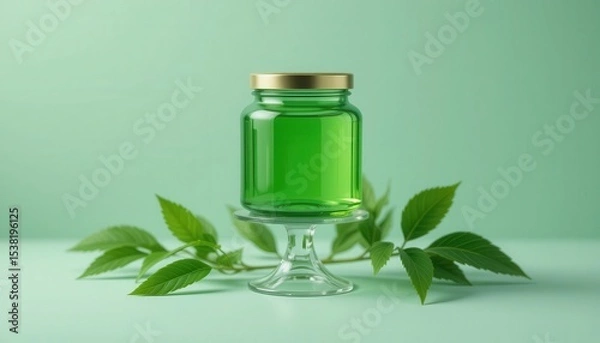 Fototapeta Elegant Green Jar on Glass Stand Surrounded by Lush Leaves, Sea Green Background, Mockup