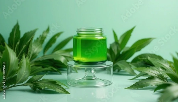 Fototapeta Refreshing Green Jar Displayed on Glass Stand Surrounded by Lush Leaves on Pale Green Surface