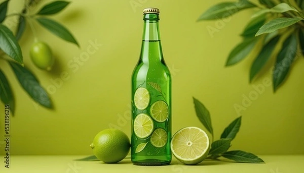 Fototapeta Refreshing Lime-Infused Drink, Green Glass Bottle, Nature-Inspired Setting, Lifestyle Concept