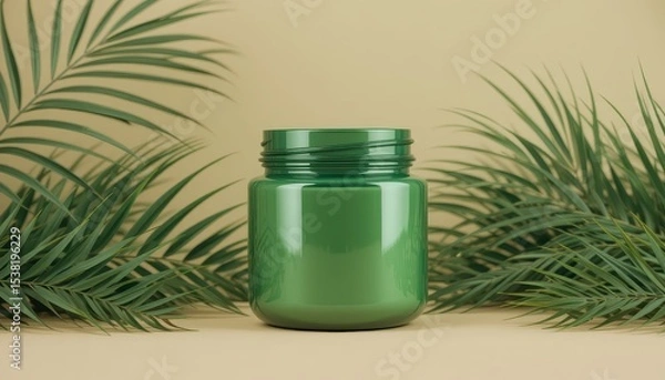 Fototapeta Shiny Green Jar Displayed with Fronds Against Warm Sage Backdrop for Product Mockup