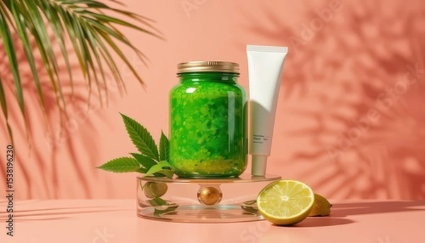 Fototapeta Refreshing Green Jar Display with Lime Slices and Palm Shadows Against Coral Sky