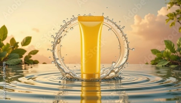 Fototapeta A Vibrant Yellow Tube Surrounded by Water Ripples Under a Peach Sky with Lush Greenery
