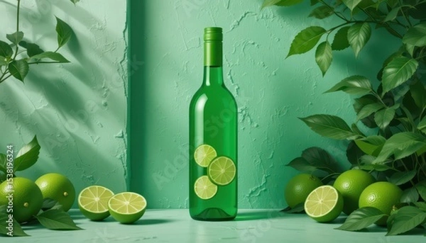 Fototapeta Refreshing Green Bottle with Lime Pieces in Lush Foliage Against Pale Green Wall
