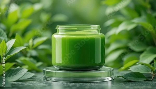 Fototapeta Elegant Green Jar Displayed on Glass Base Surrounded by Lush Foliage - Product Mockup