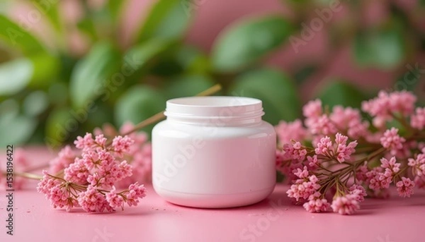 Fototapeta Elegant White Jar with Pink Flowers on Soft Pink Surface Surrounded by Lush Greenery